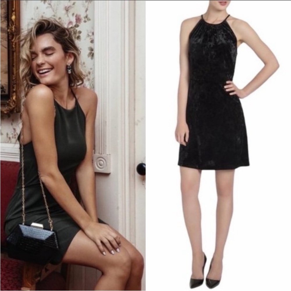 Lysse Willa Crushed Velvet Halter Dress L Black‎ Tie Waist Fringe Belt NWT